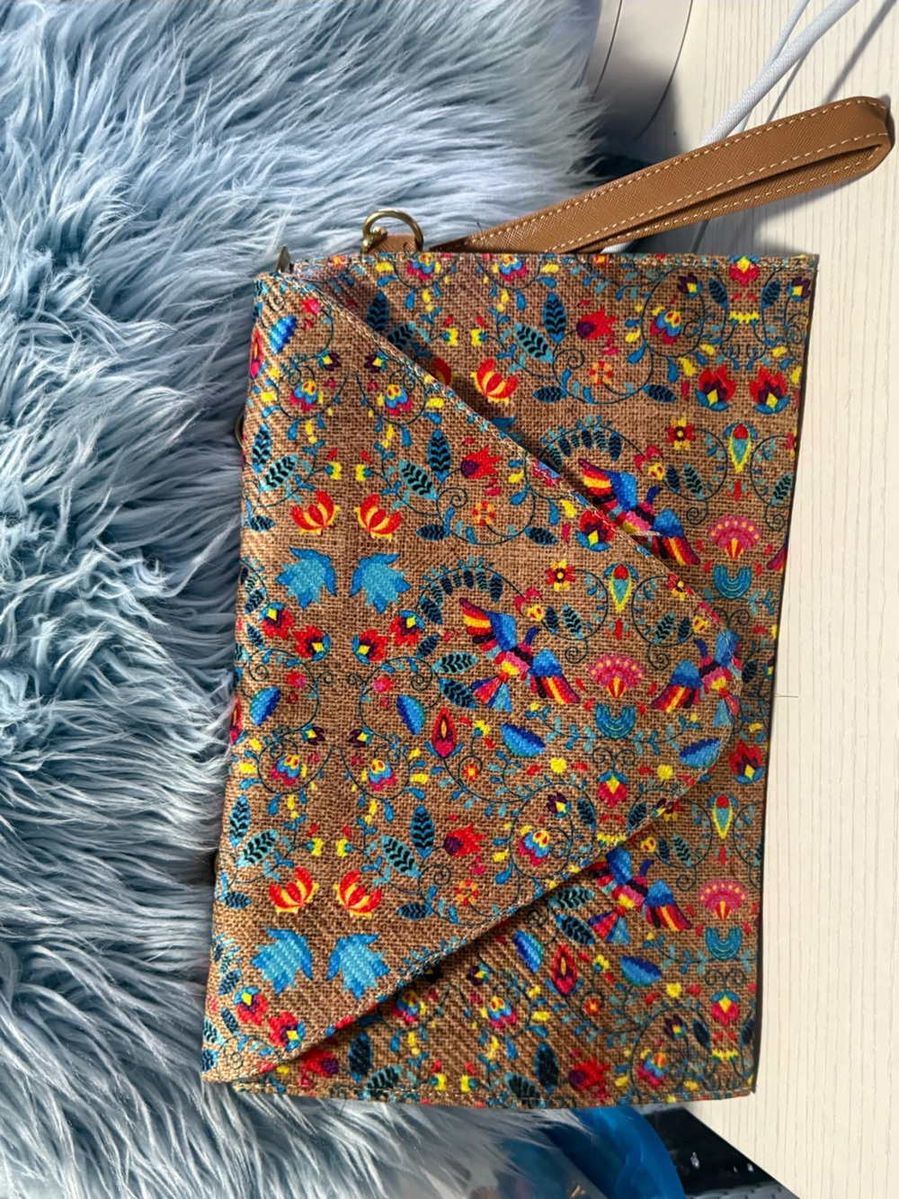 Embroidered Floral Envelope Wristlet Clutch in Brown